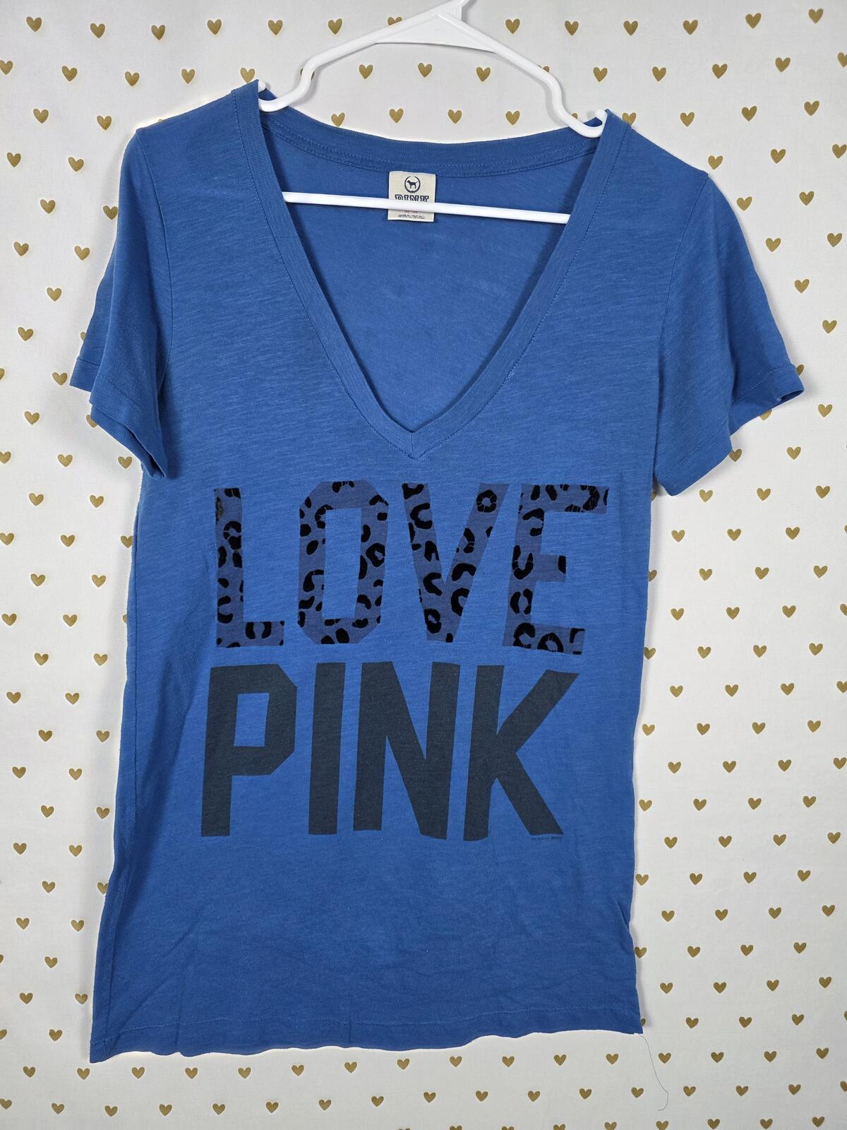 Victorias Secret PINK Leopard cheetah Vintage V neck Blue Tee shirt MEDIUM