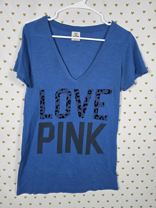 Victorias Secret PINK Leopard cheetah Vintage V neck Blue Tee shirt MEDIUM