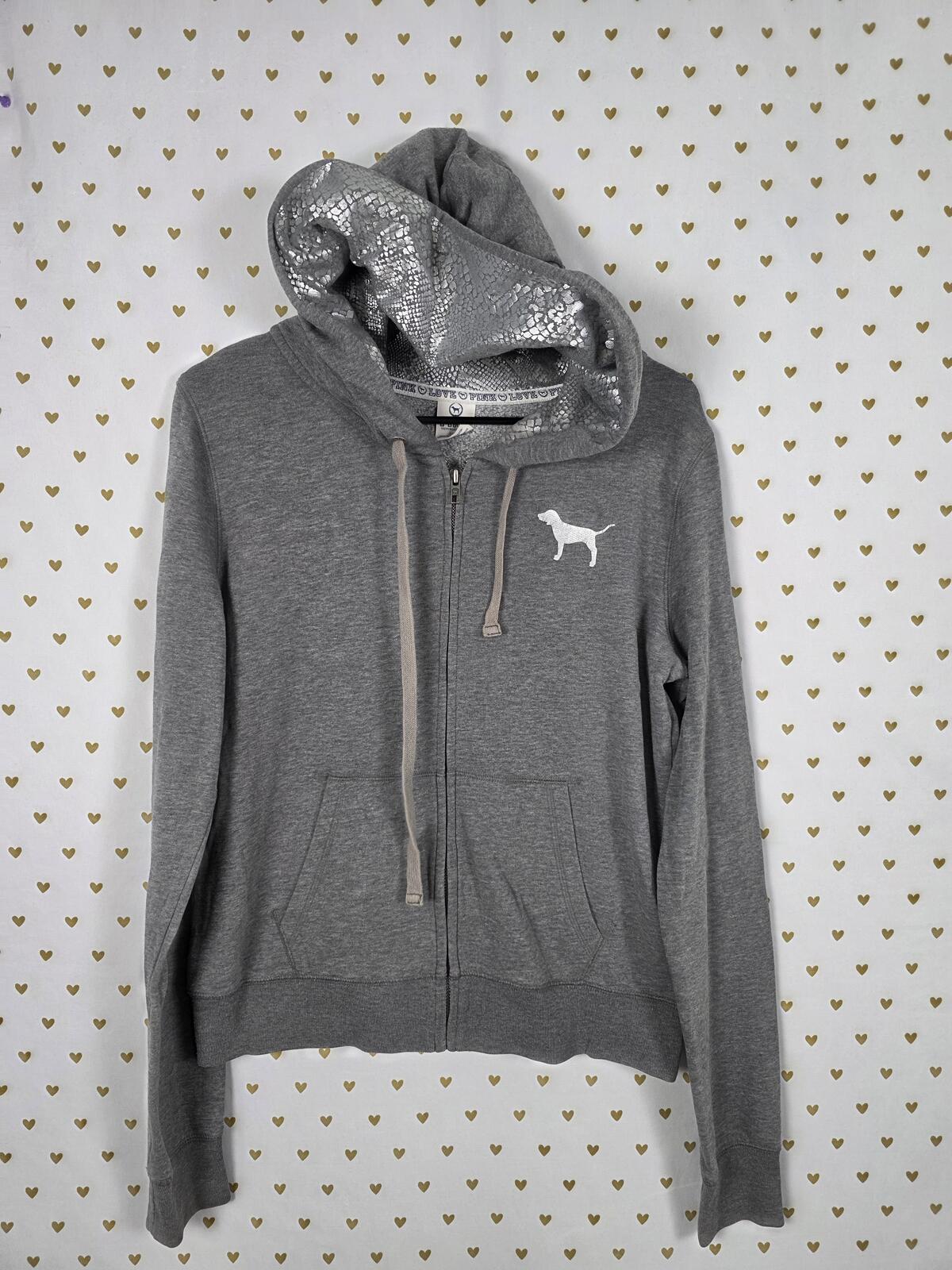 PINK Victoria's Secret Gray Zip Hoodie Silver Sequin LOVE PINK Size M Bling