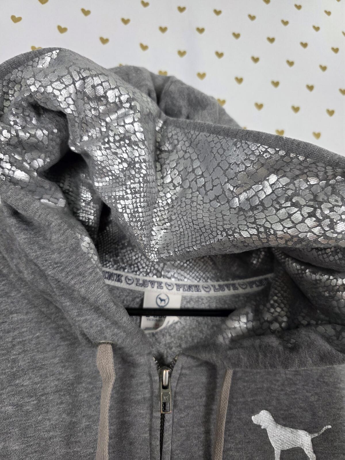 PINK Victoria's Secret Gray Zip Hoodie Silver Sequin LOVE PINK Size M Bling