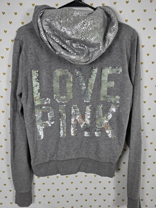 PINK Victoria's Secret Gray Zip Hoodie Silver Sequin LOVE PINK Size M Bling