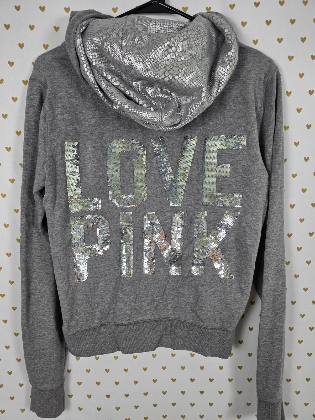 PINK Victoria's Secret Gray Zip Hoodie Silver Sequin LOVE PINK Size M Bling