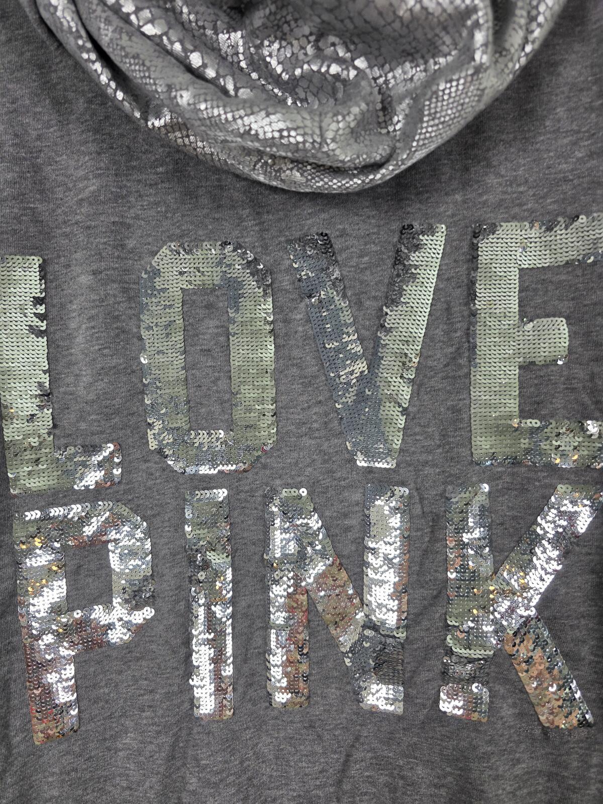 PINK Victoria's Secret Gray Zip Hoodie Silver Sequin LOVE PINK Size M Bling
