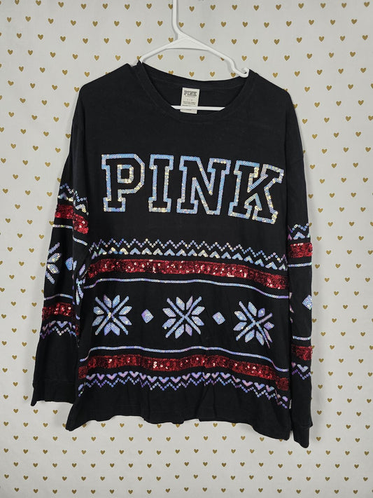Victorias Secret PINK Bling Full Sequined Long Sleeve Christmas Shirt LARGE