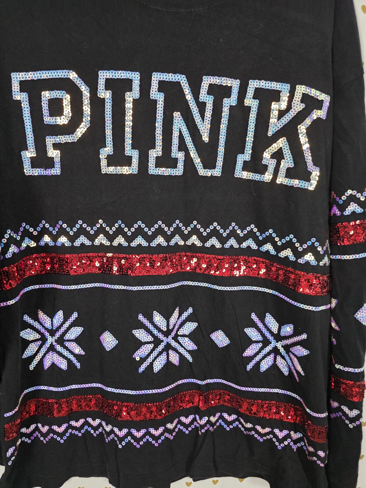 Victorias Secret PINK Bling Full Sequined Long Sleeve Christmas Shirt LARGE
