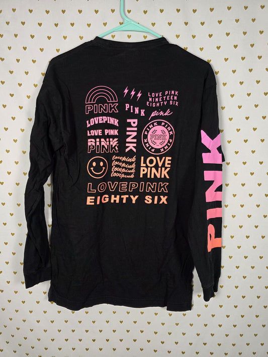 Victorias Secret PINK XS Black Long Sleeve Campus Tee shirt Love