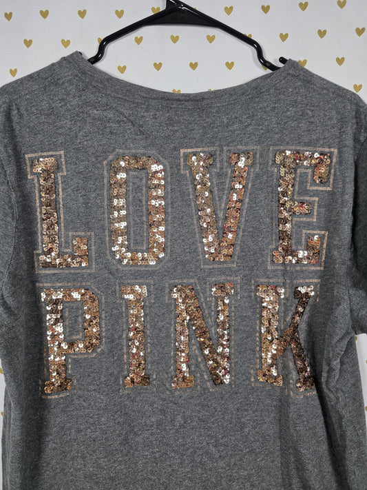 Victorias Secret PINK LOVE short sleeve Gold Bling Sequined Tee shirt Grey MED