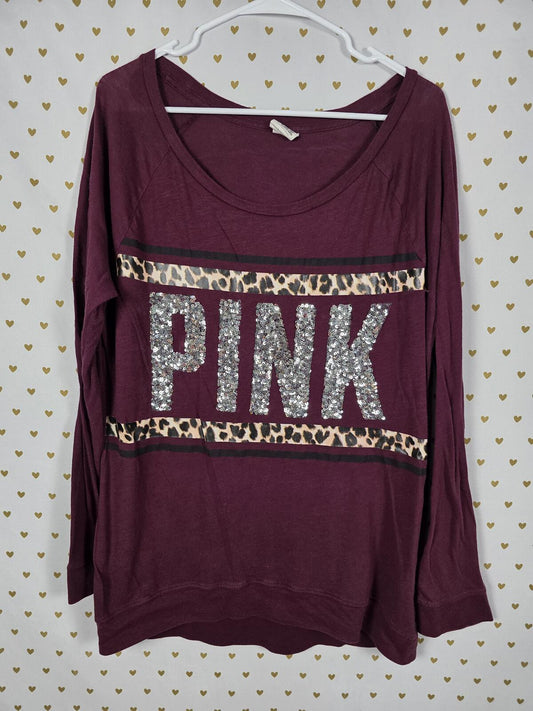 Victorias Secret PINK Leopard Cheetah Bling Sequined Maroon Tee shirt LARGE