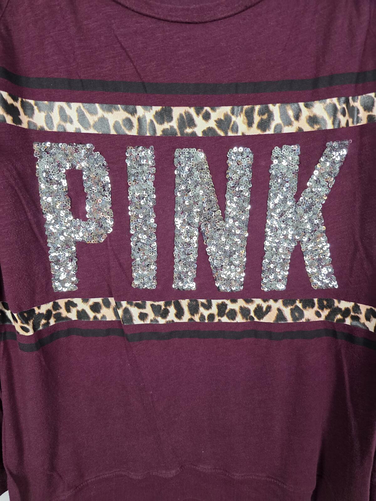 Victorias Secret PINK Leopard Cheetah Bling Sequined Maroon Tee shirt LARGE