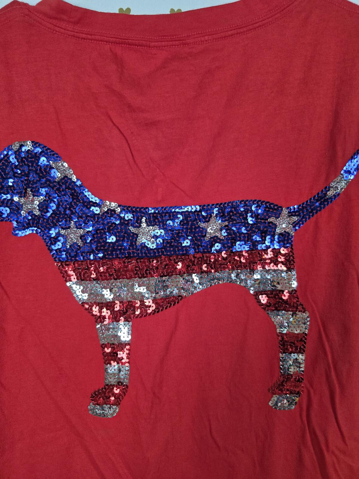 Victorias Secret PINK USA America BLING Flag Sequined Tee shirt MEDIUM