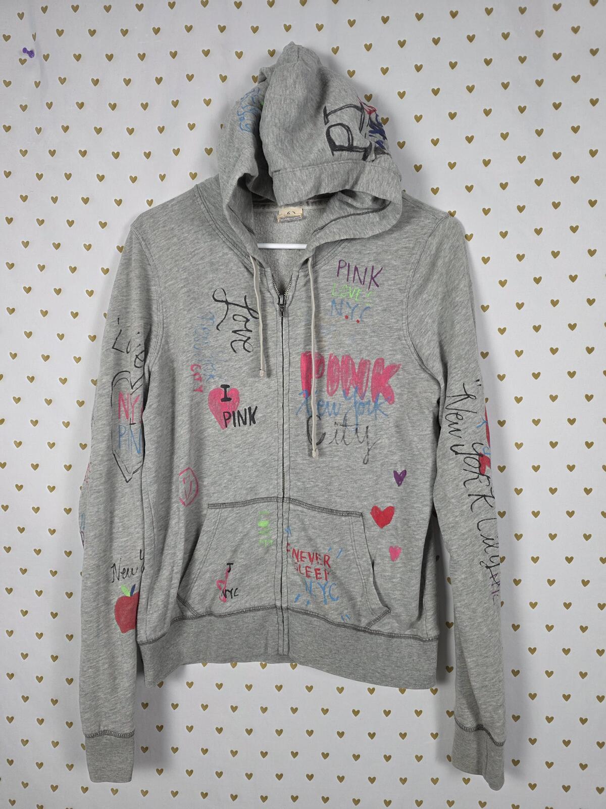 PINK Victoria's Secret NYC Doodle Graffiti Zip Hoodie Heart Graphic L