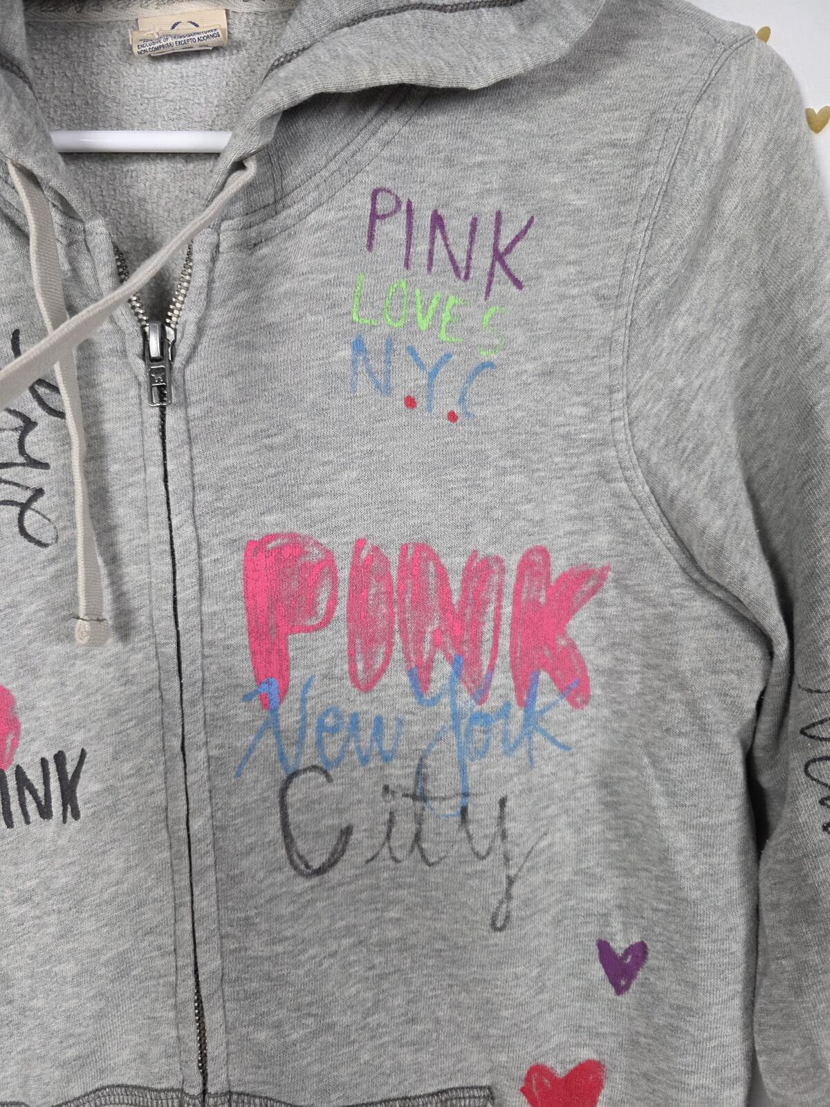 PINK Victoria's Secret NYC Doodle Graffiti Zip Hoodie Heart Graphic L