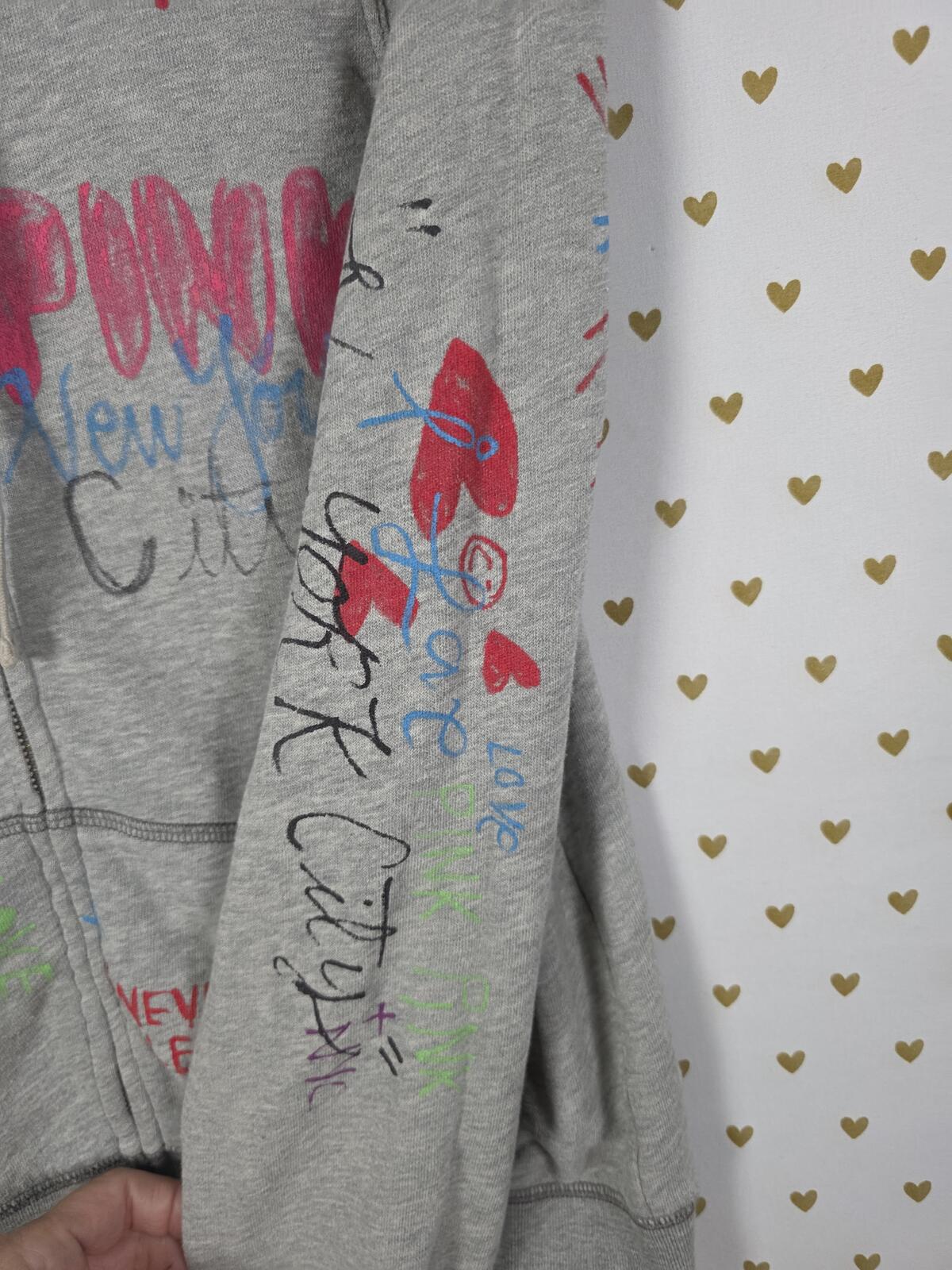PINK Victoria's Secret NYC Doodle Graffiti Zip Hoodie Heart Graphic L
