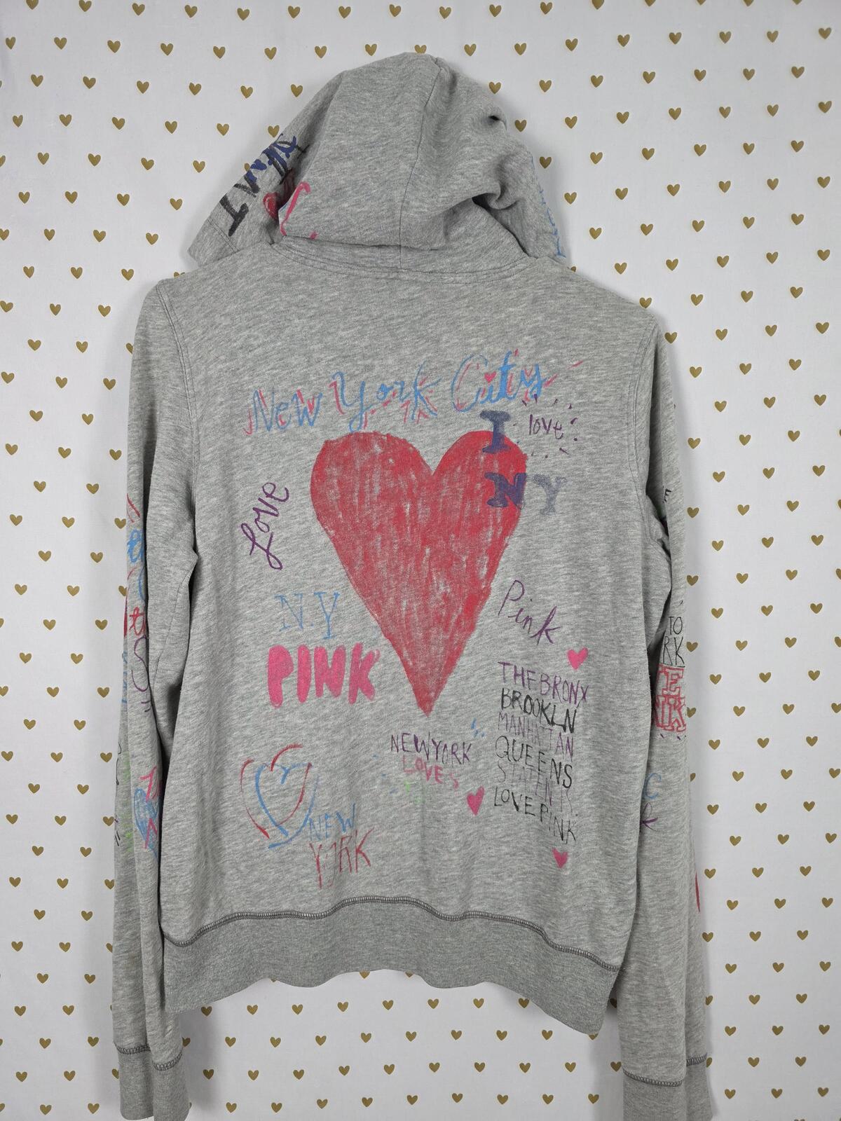 PINK Victoria's Secret NYC Doodle Graffiti Zip Hoodie Heart Graphic L