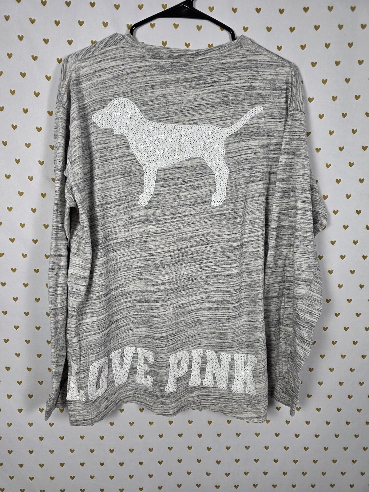 Victorias Secret PINK BLING dog Logo Long sleeve haethered tee shirt LARGE