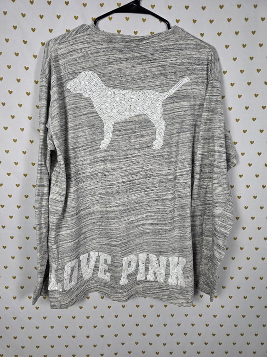 Victorias Secret PINK BLING dog Logo Long sleeve haethered tee shirt LARGE