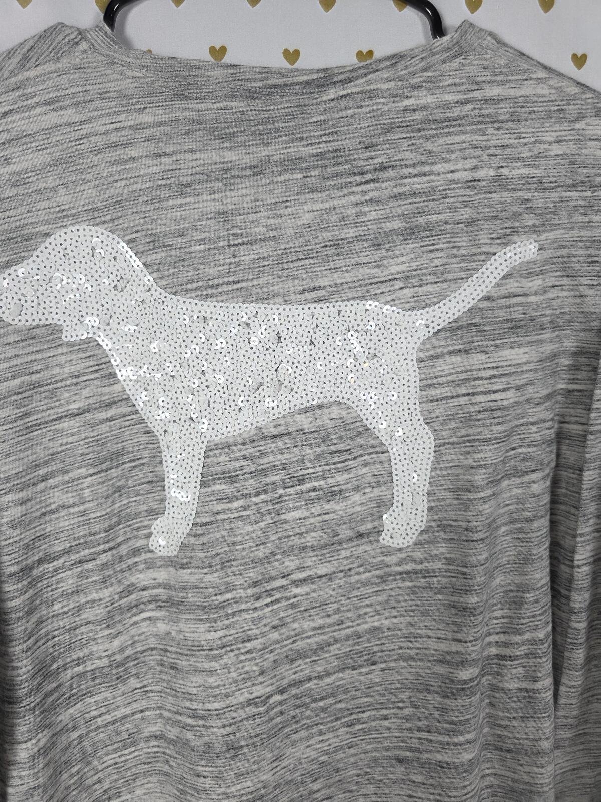 Victorias Secret PINK BLING dog Logo Long sleeve haethered tee shirt LARGE