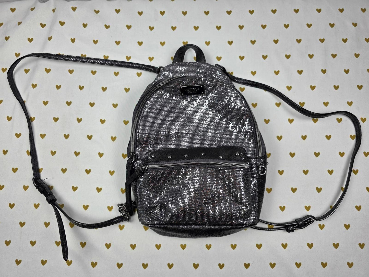 Victoria's Secret Black Studded Glitter Bling city Mini Purse Backpack EXC