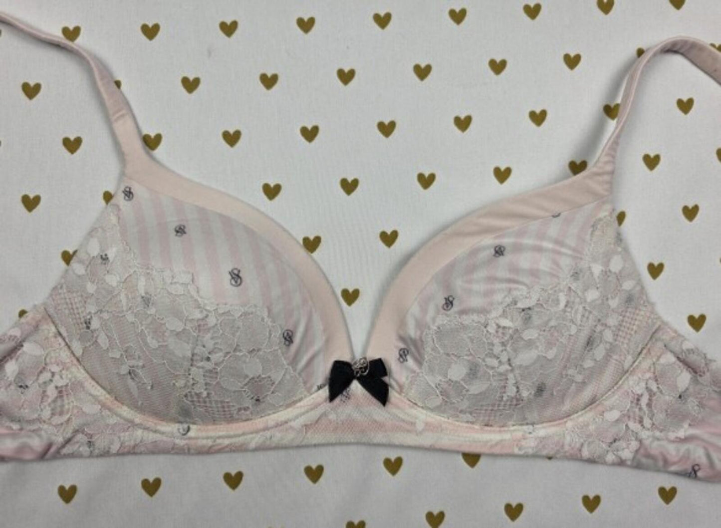 Victorias Secret Super Soft Wireless 34B Logo Bra Pink Striped