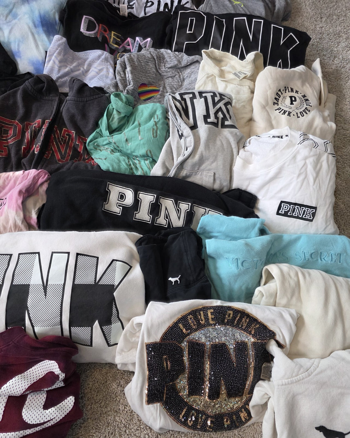 Lot of 38 Pcs Victoria's Secret and PINK Shirts Hoodie Leggings (stains/wear)