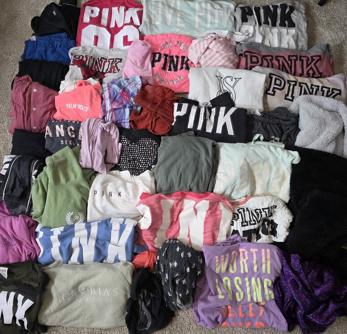 Lot of 43 Pcs Victoria's Secret and PINK Shirts Hoodie Leggings (stains/wear)