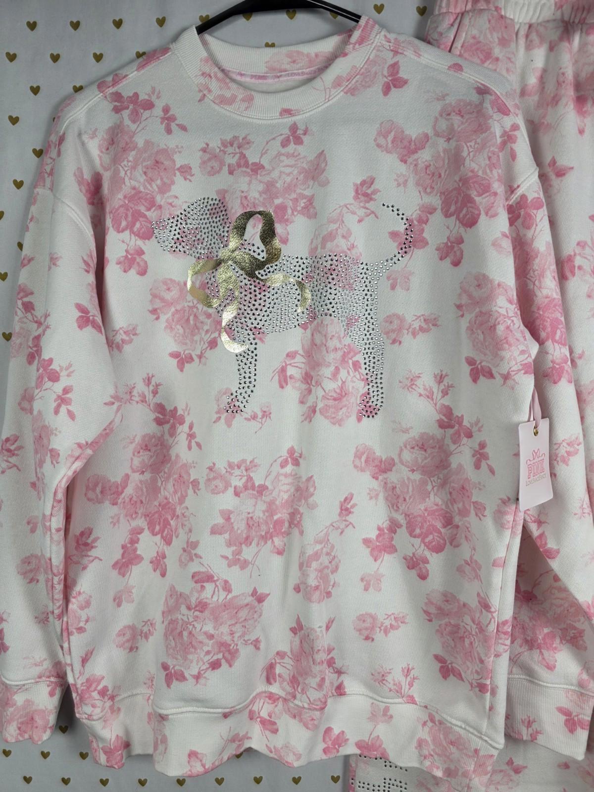 NWT XS LoveShackFancy VS Pink Sweatpants BLING SET Sweatshirt Everblooming White