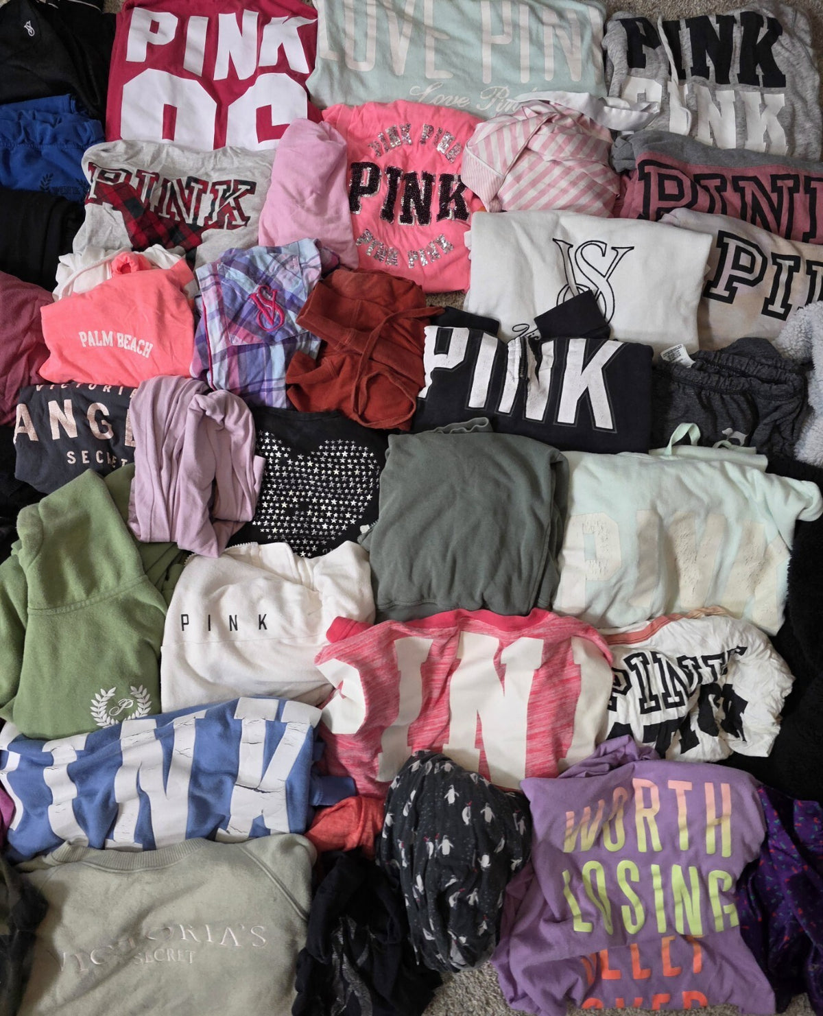 Lot of 43 Pcs Victoria's Secret and PINK Shirts Hoodie Leggings (stains/wear)