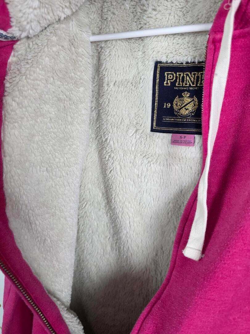 Victorias Secret Pink VINTAGE Embroidered LOVE Hoodie Y2k FUR LINED Small