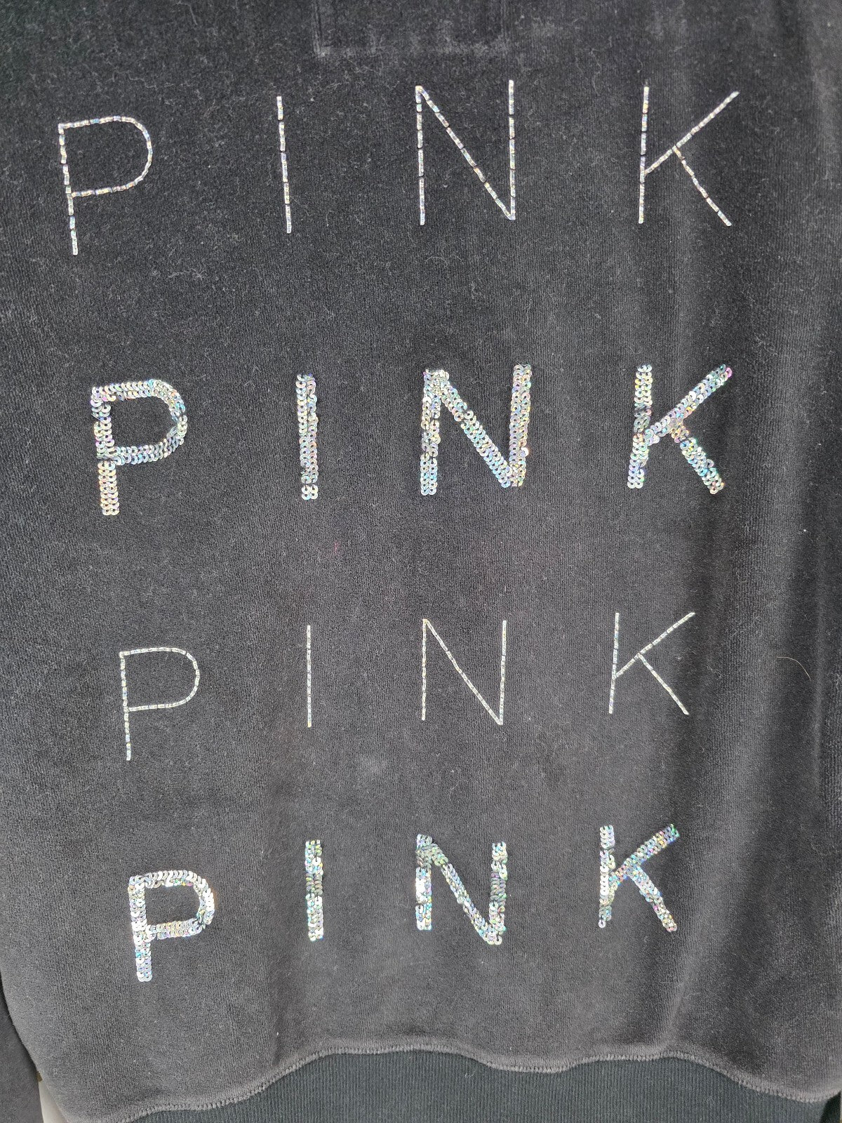 Victorias Secret Pink Velour BLING Studded Black Full Zip Hoodie Jacket LARGE