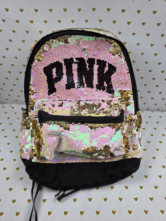 Victoria's Secret PINK Flip Sequin Backpack Gold Pink LOVE PINK Book Bag
