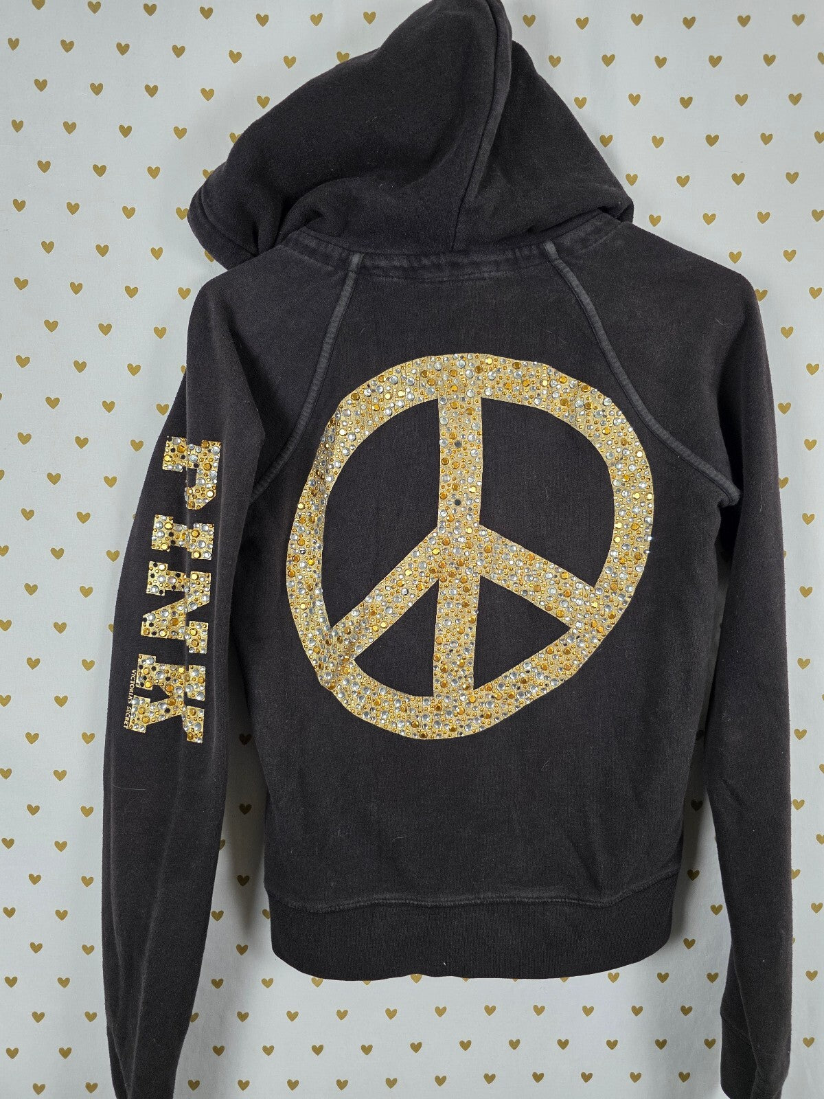 Victorias Secret Pink Vintage peace Bling Gold Logo Y2k Full Zip Hoodie Jacket S