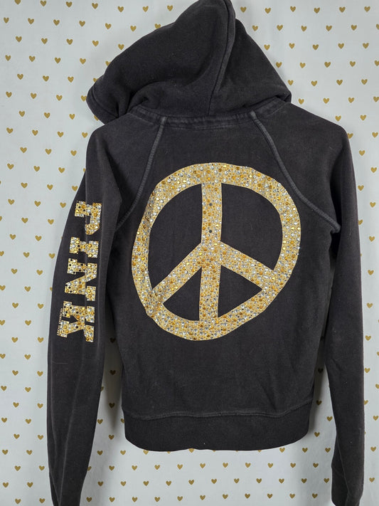 Victorias Secret Pink Vintage peace Bling Gold Logo Y2k Full Zip Hoodie Jacket S