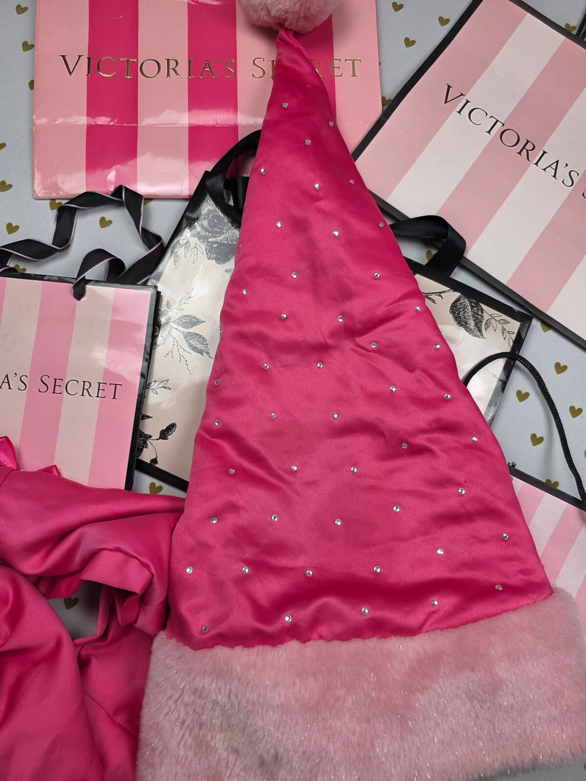 Victoria's Secret Sexy Little Things Pink Satin Santa Hat & Bow Skirt Set BLING