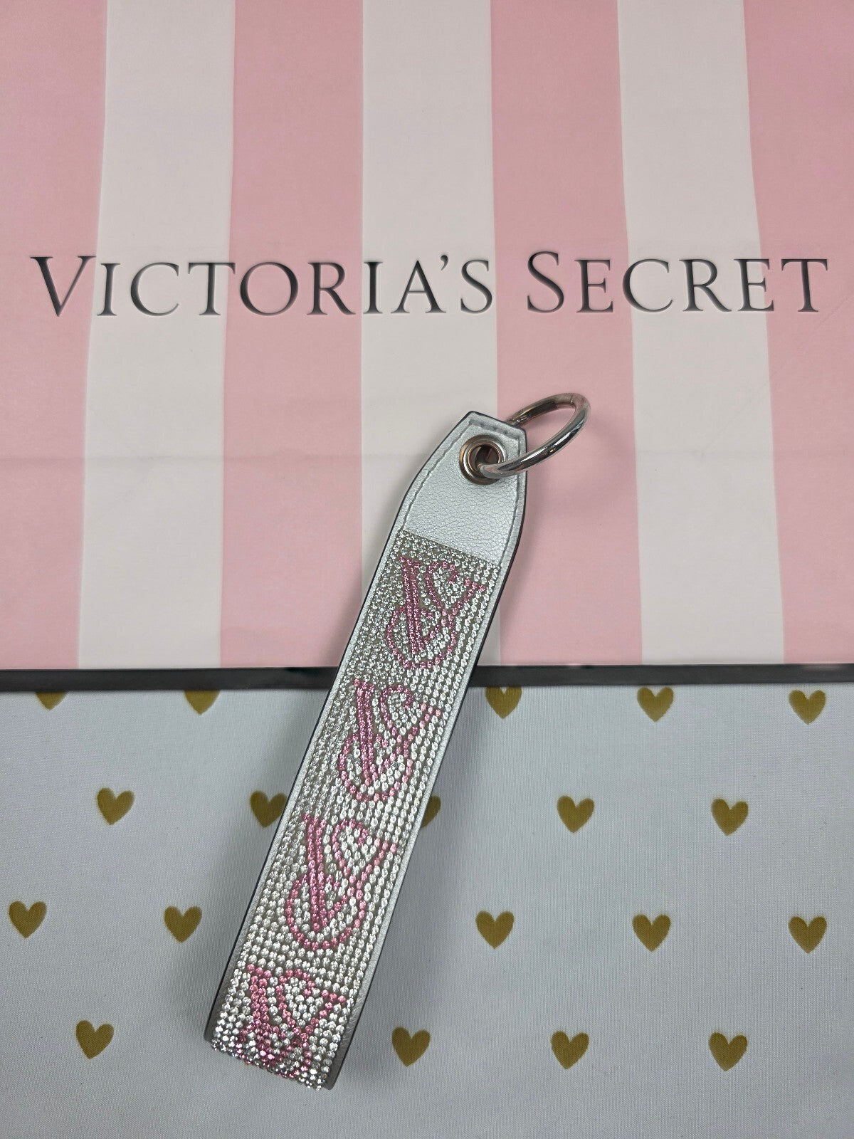 Victoria Secret BLING wristlet strap keychain Logo Studded Handle Rhinestone