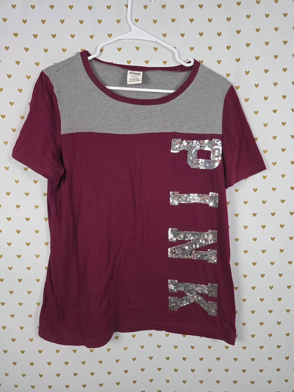 Victorias Secret PINK BLING Sequin Colorblock Maroon Tee shirt Large
