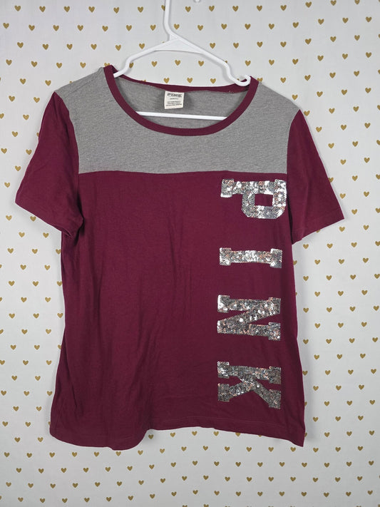 Victorias Secret PINK BLING Sequin Colorblock Maroon Tee shirt Large