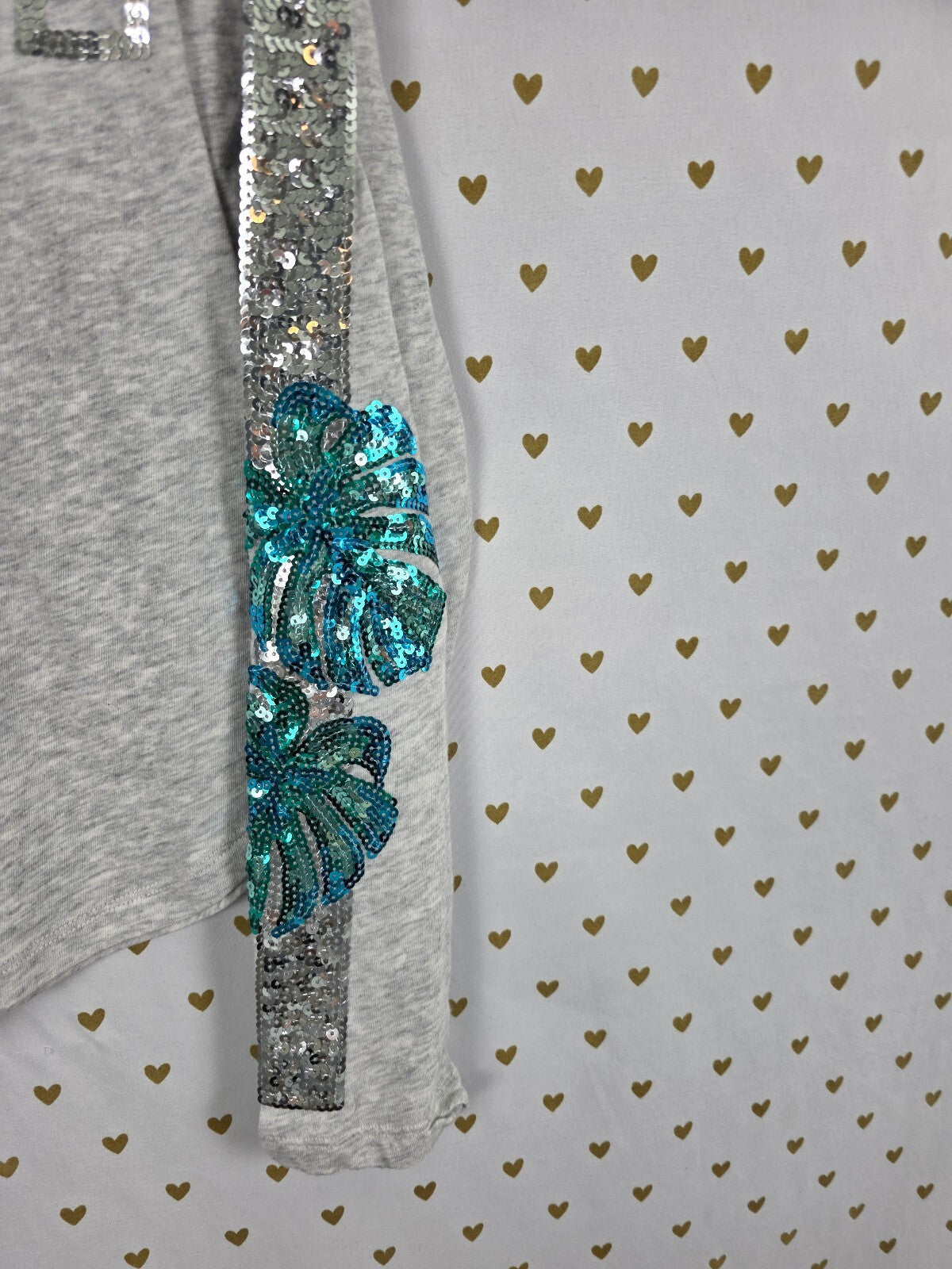 Victorias Secret PINK Palm BLING Logo XS Grey Long Sleeve Sequined Tee Shirt