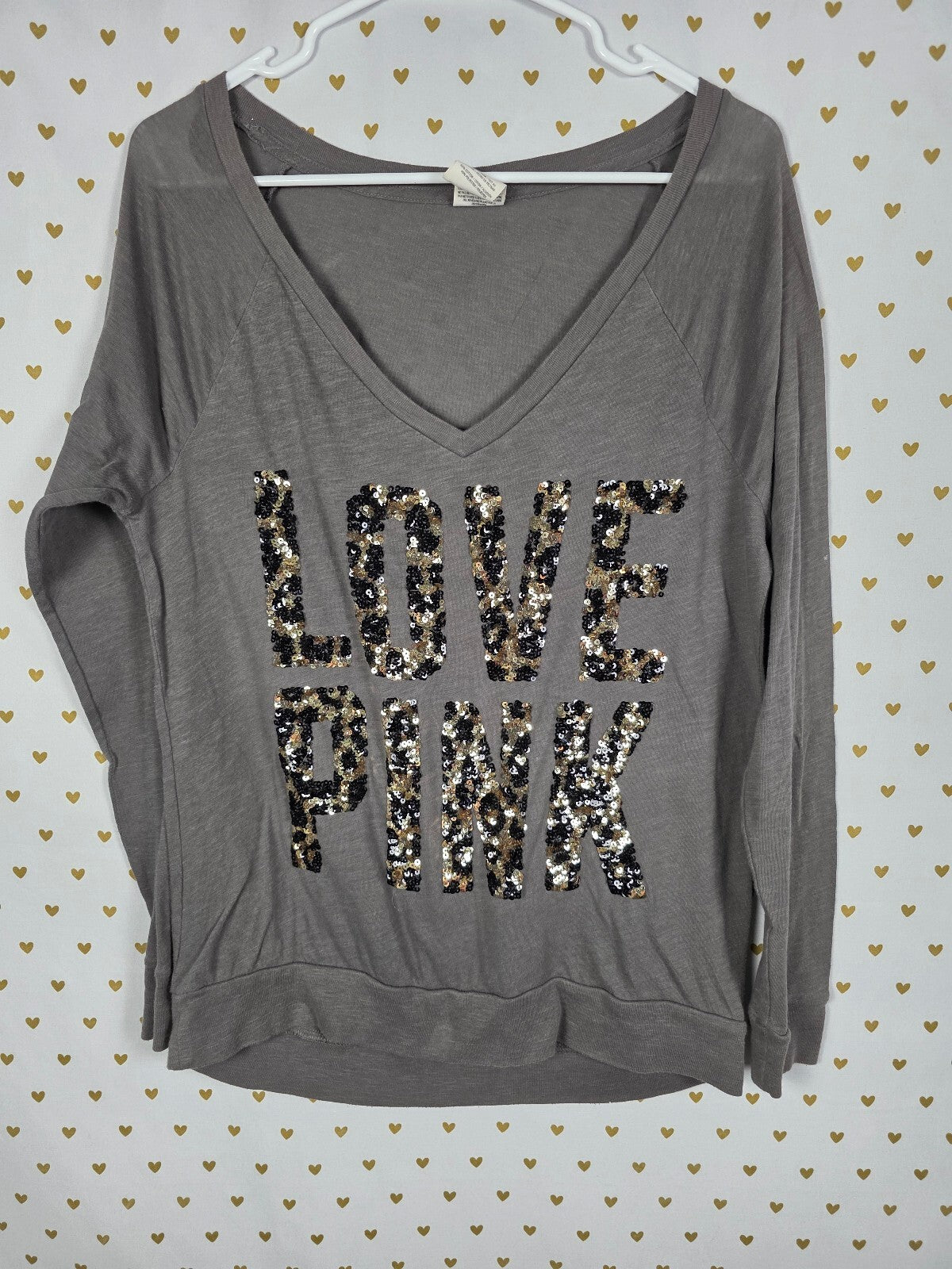 Victorias Secret PINK LOVE Cheetah Leopard BLING Sequined Long Sleeve Tee Shirt