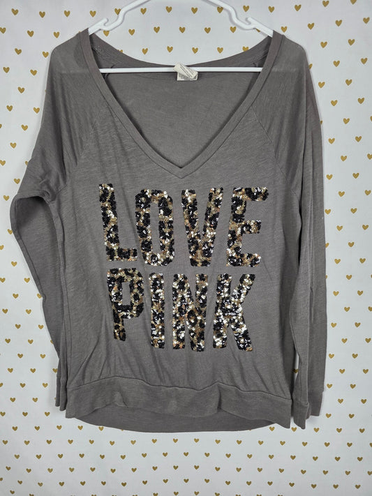 Victorias Secret PINK LOVE Cheetah Leopard BLING Sequined Long Sleeve Tee Shirt