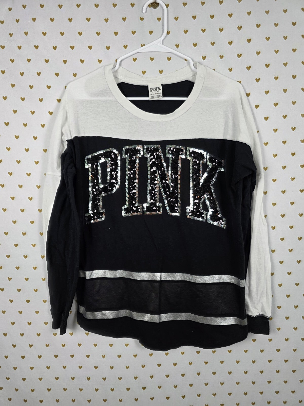 Victorias Secret PINK Logo BLING Long sleeve Colorblock Tee shirt XS