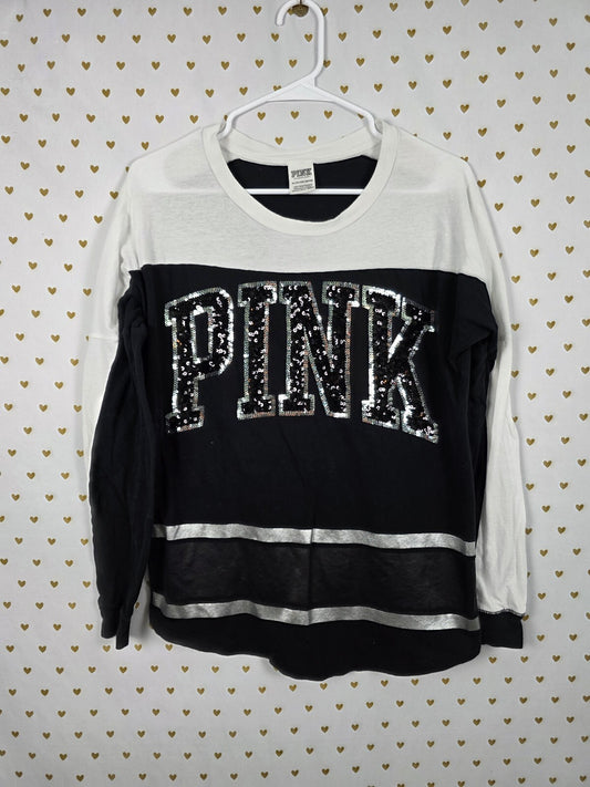 Victorias Secret PINK Logo BLING Long sleeve Colorblock Tee shirt XS