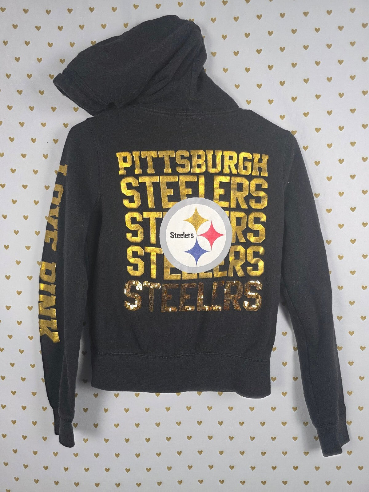 Victoria’s Secret PINK Steelers 33 BLING Sequin Zip Hoodie NFL Small Black Gold