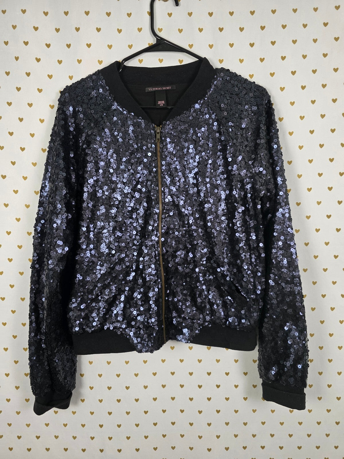 Victoria's Secret Black Sequin Bomber Jacket Full Zip Large Coat LG FULL BLING