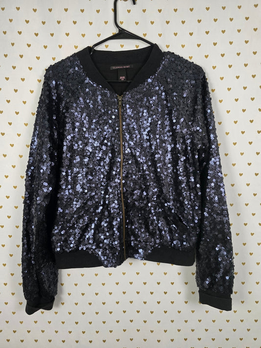 Victoria's Secret Black Sequin Bomber Jacket Full Zip Large Coat LG FULL BLING