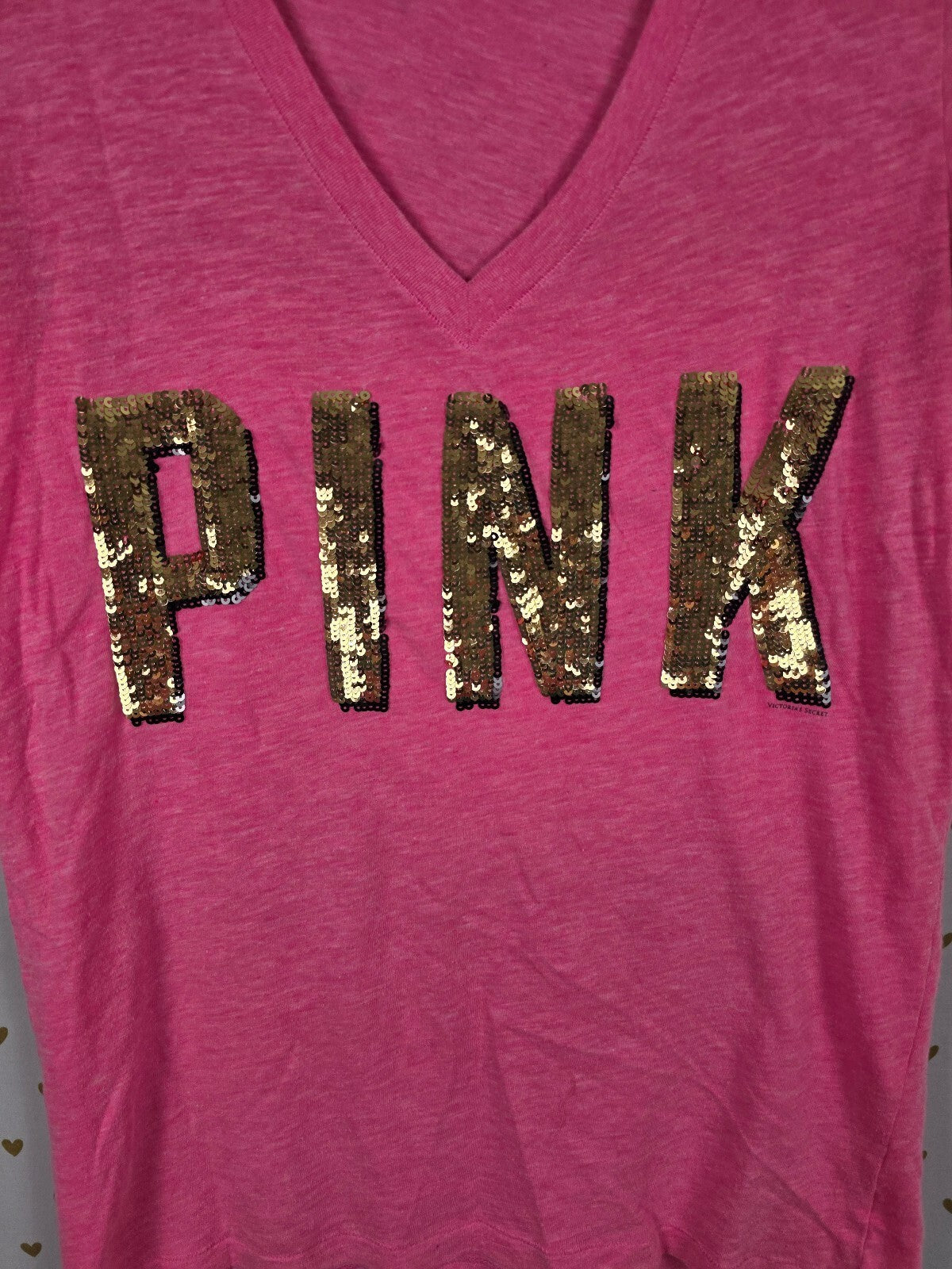 Victorias Secret PINK BLING Gold Sequined V neck Tee shirt LARGE