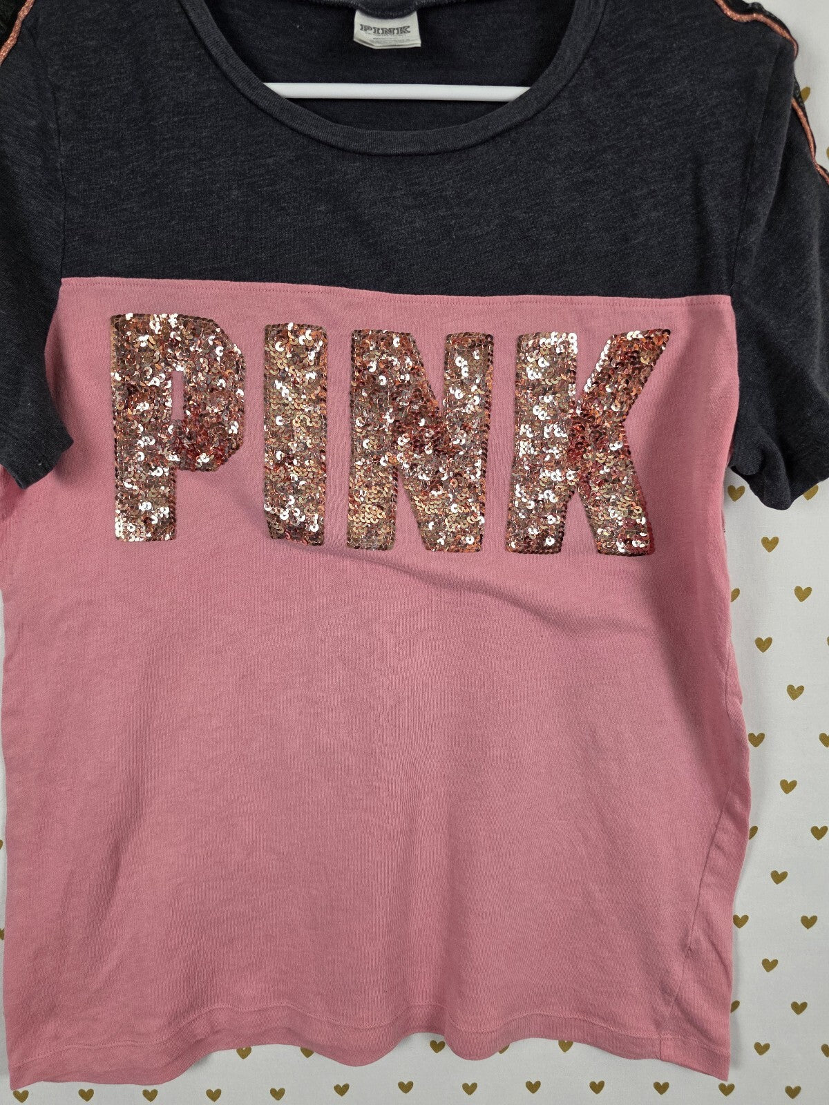 Victorias Secret PINK Rose Gold Bling sequined Tee shirt medium