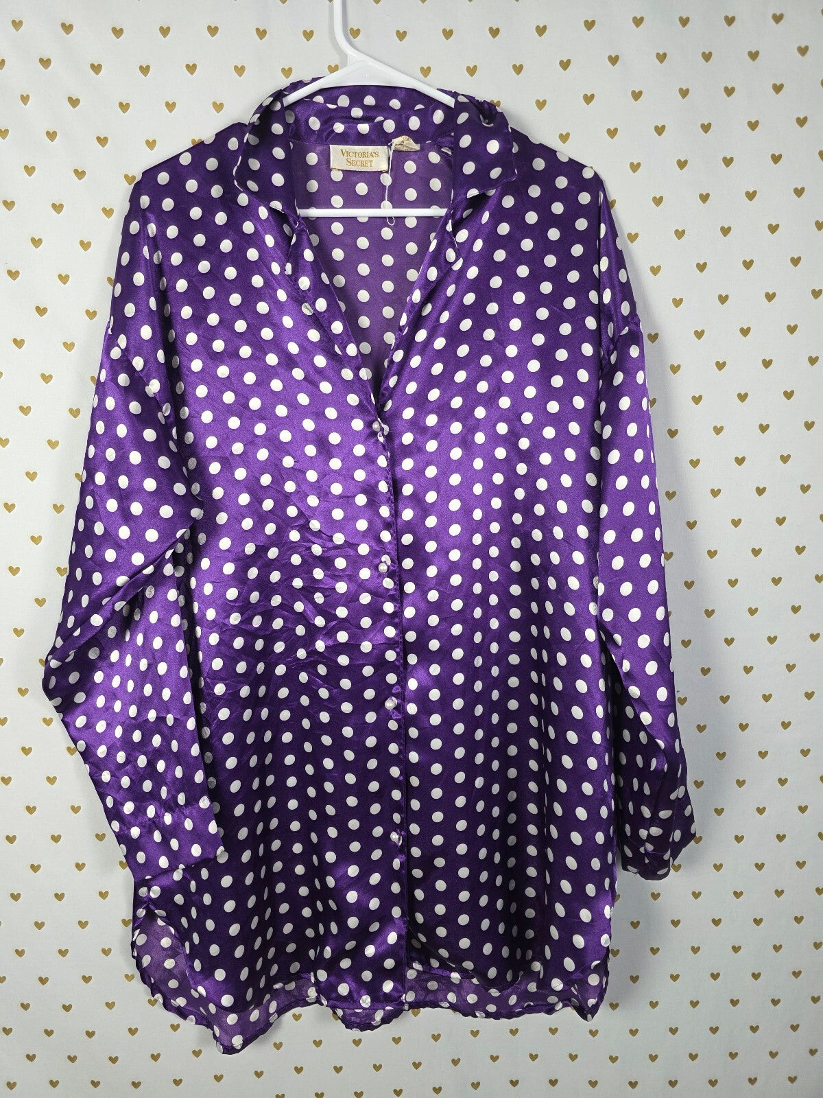 Victorias Secret Vintage Gold Label Polka Dot satin Sleep Shirt Nightgown Pajama