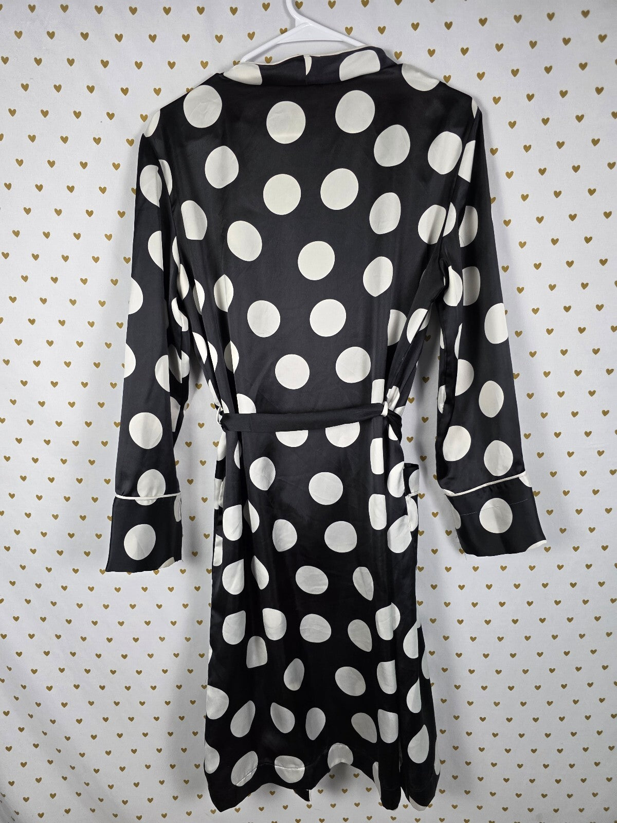 Victoria's Secret Satin Robe M Black White Polka Dot Kimono Belted Pajamas