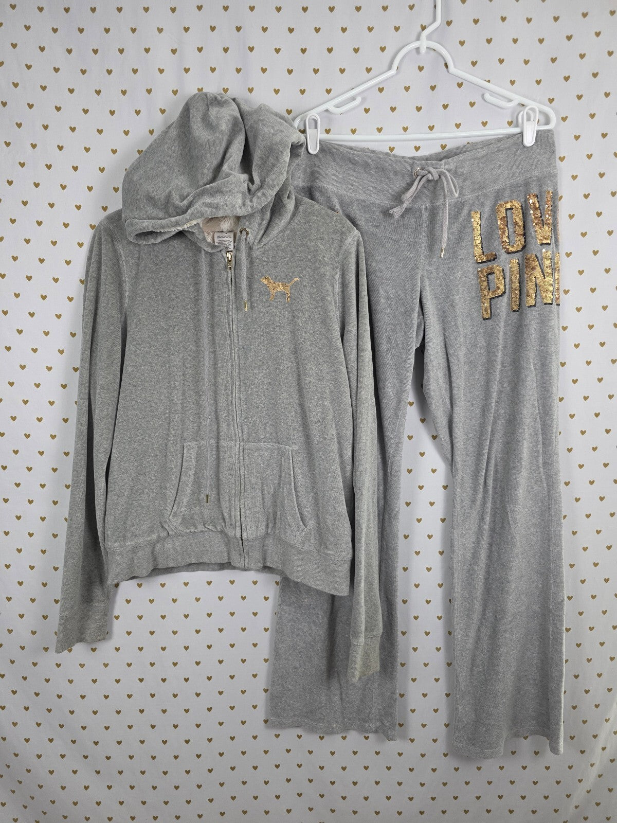 Victorias Secret Pink Fur Lined Bling Vintage Velour SET Hoodie Sweats L Grey