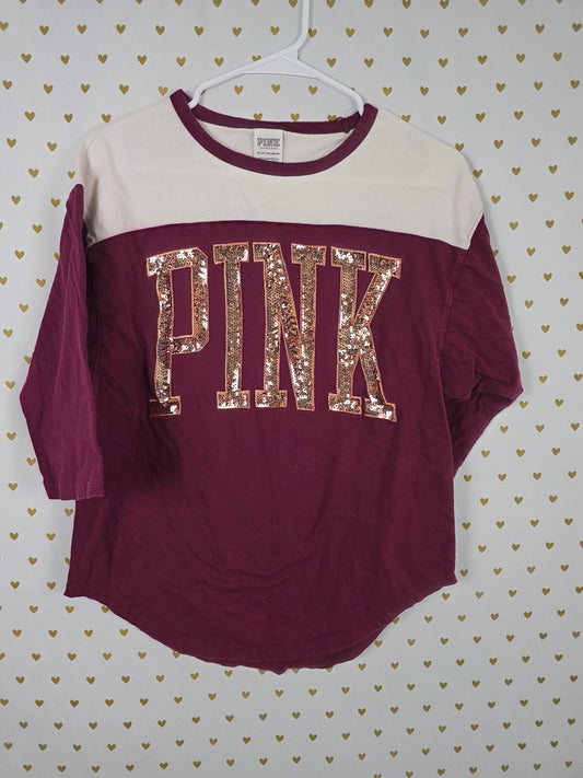 Victorias Secret PINK Maroon Gold BLING quarter sleeve Tee shirt XS